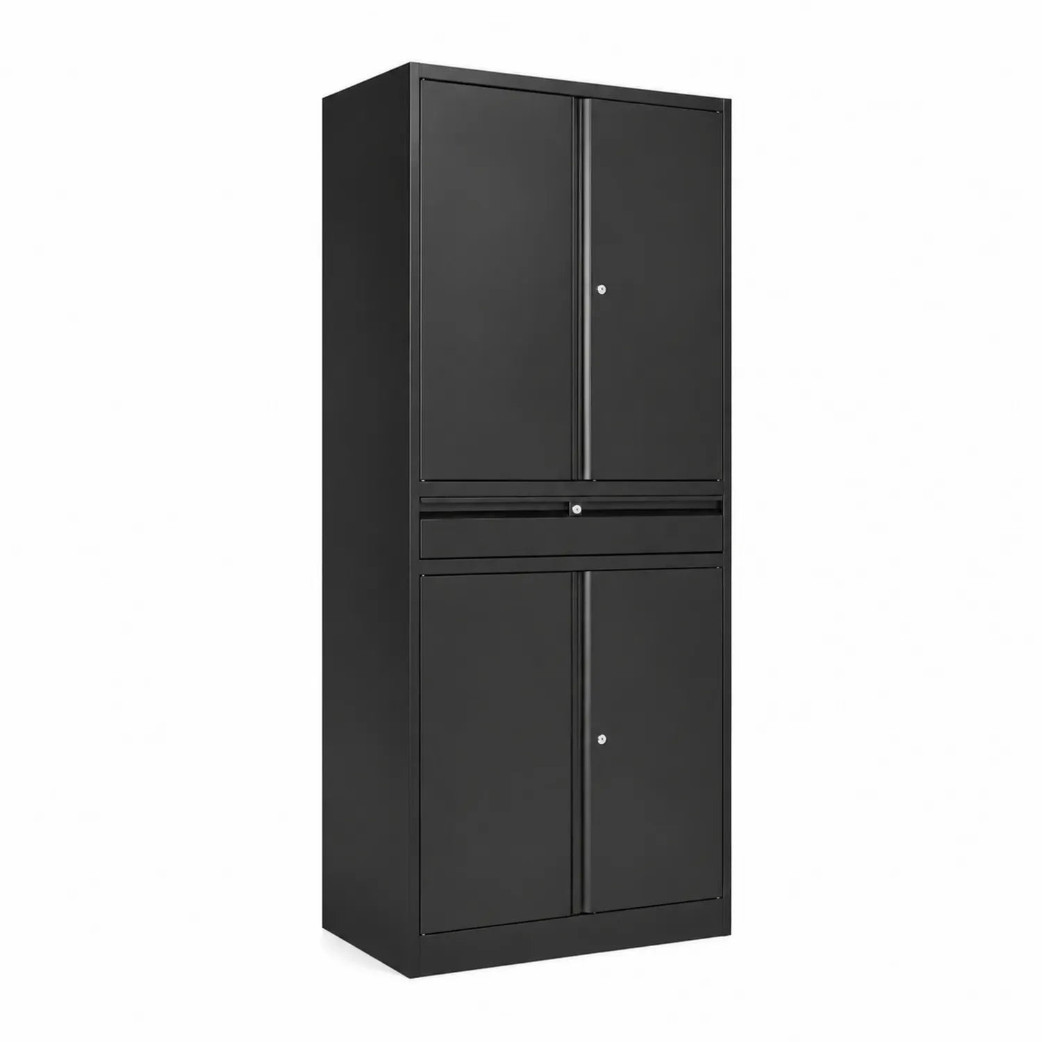 Schwarzer Metallschrank mit Türen und Schublade 180x90x40 cm