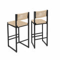 2er Set Barhocker mit Metallrahmen und Seegras Geflechtsitz, Schwarz/Natur
