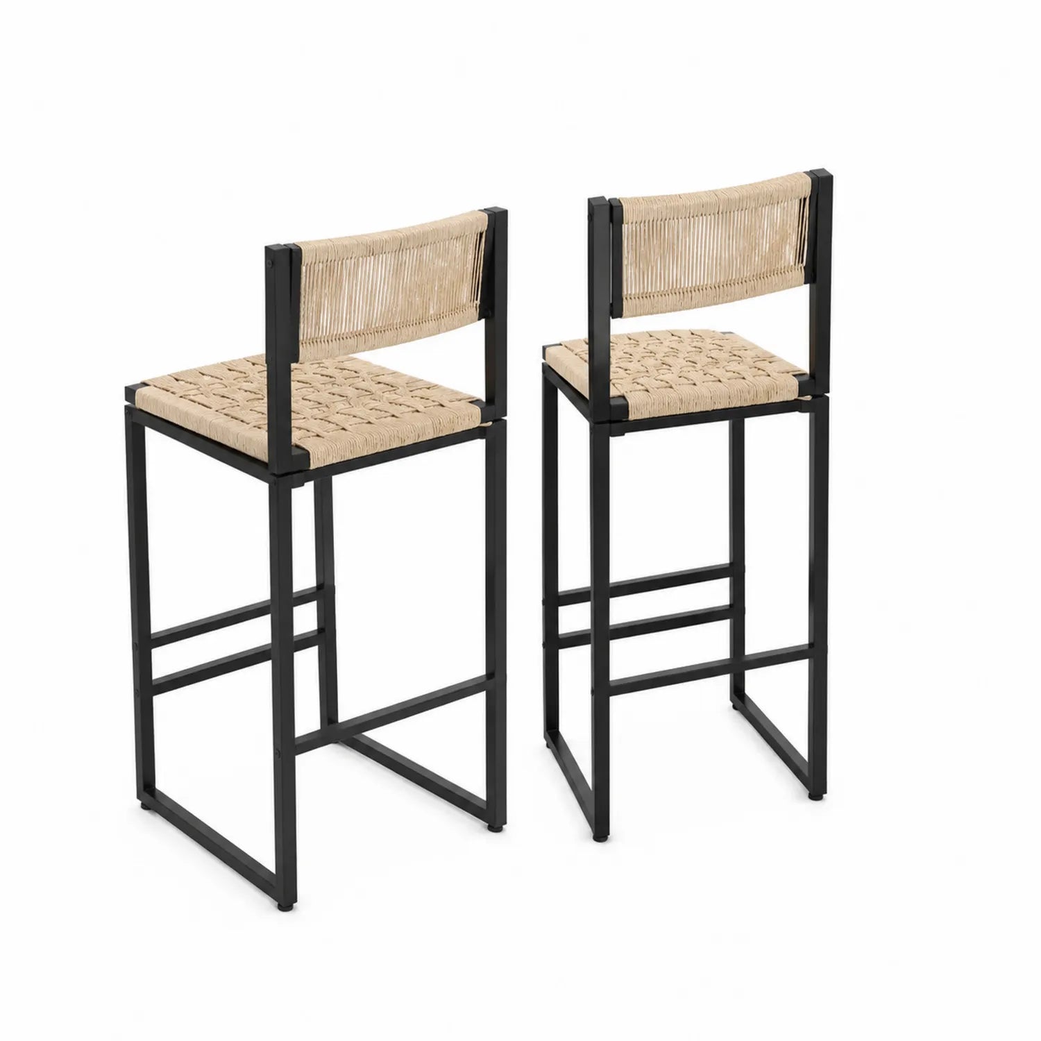 2er Set Barhocker mit Metallrahmen und Seegras Geflechtsitz, Schwarz/Natur
