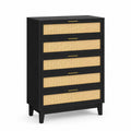 Kommode mit 5 Schubladen aus Holz und Rattan, Schwarz und Natur