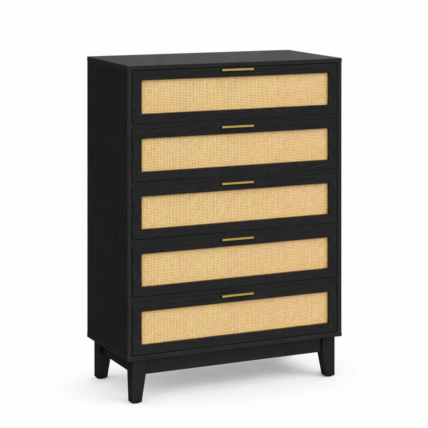 Kommode mit 5 Schubladen aus Holz und Rattan, Schwarz und Natur