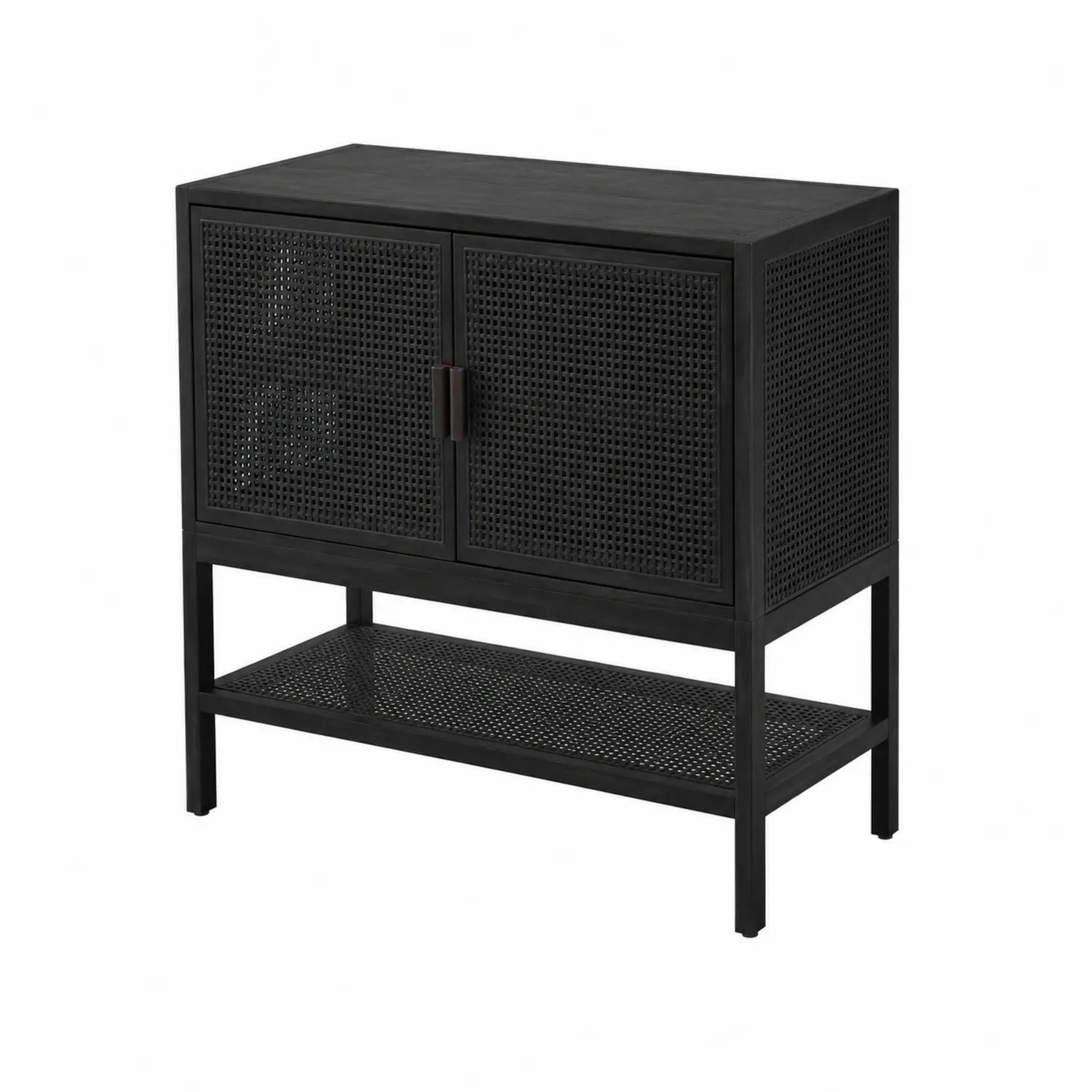 Schwarzer Holzschrank mit Rattangeflecht Türen 80x40x85 cm