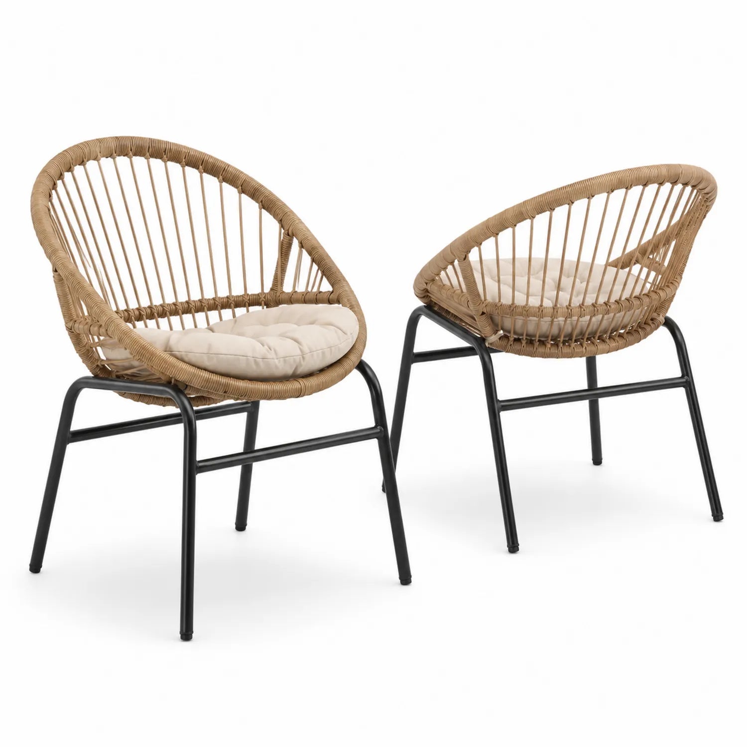 2er Set Stühle aus Metall und PE-Rattan mit Kissen