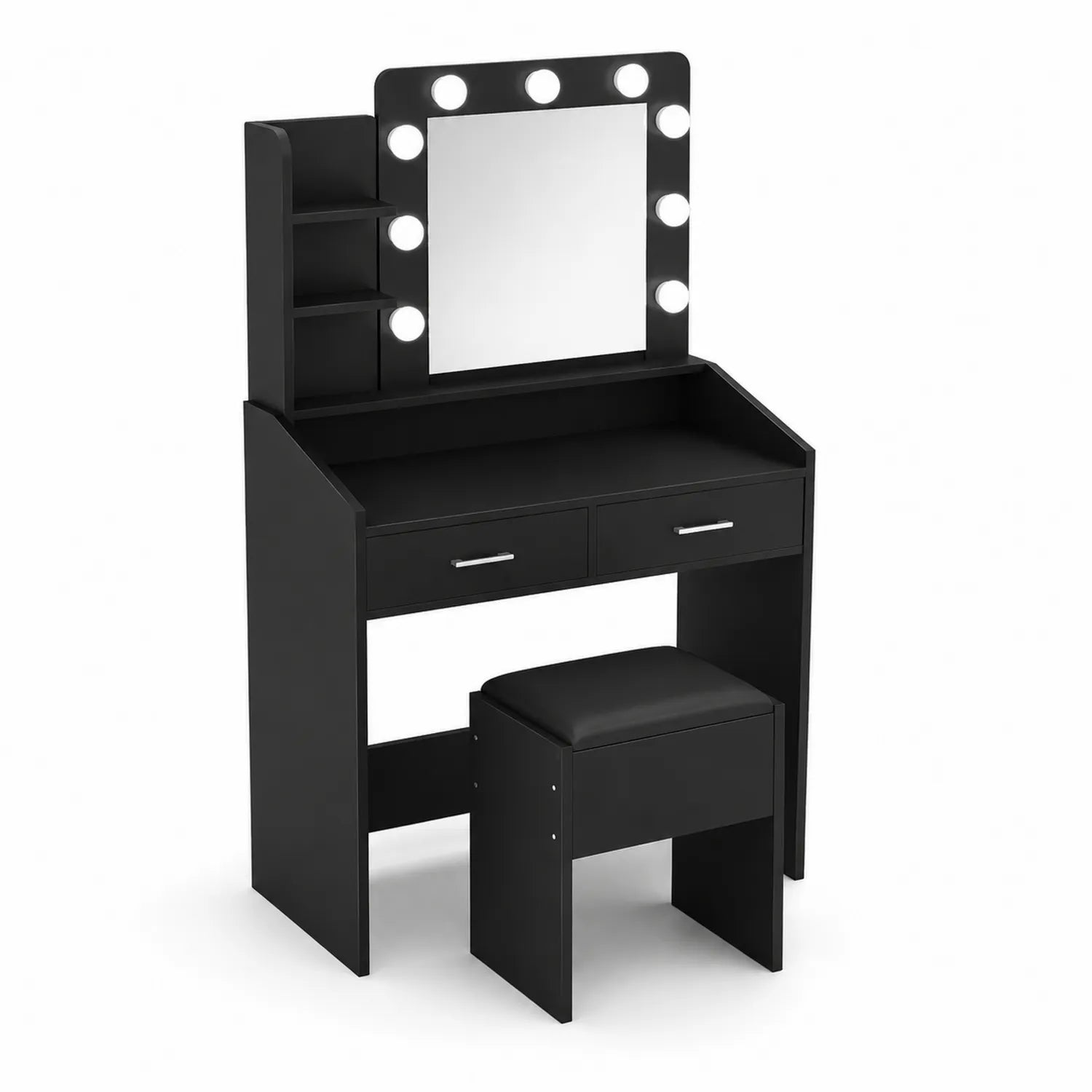 Schminktisch-Set mit Spiegel und Beleuchtung MDF Schwarz