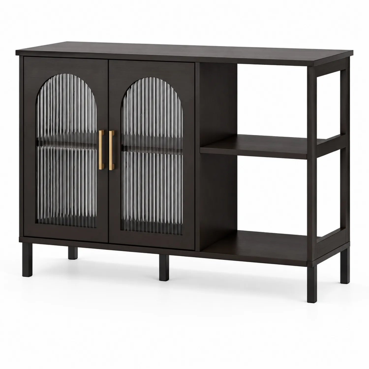 Sideboard aus Holz mit geriffeltem Glas und Regal in Dunkelbraun 120x40x80cm