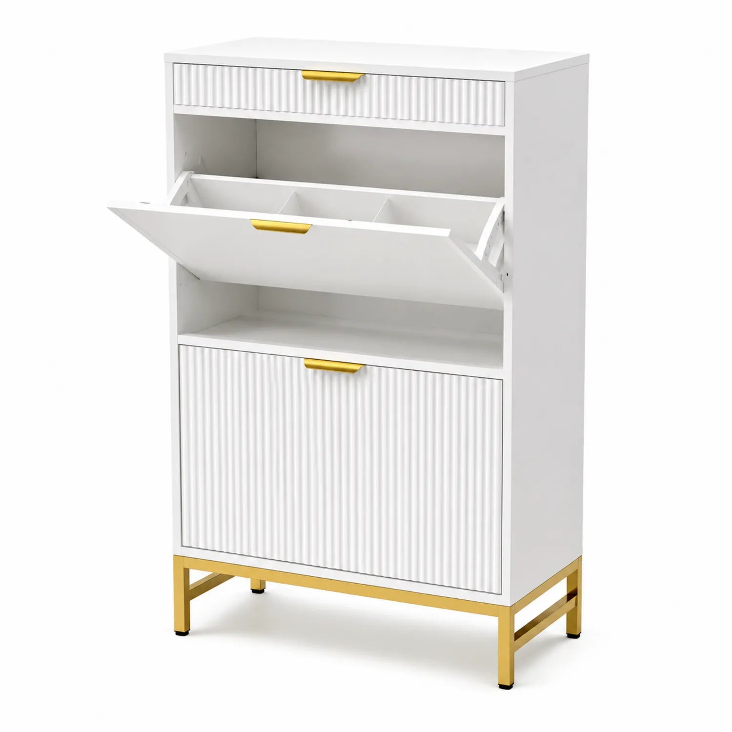 Schuhschrank MDF Weiß mit Metallfüßen und Klapptüren