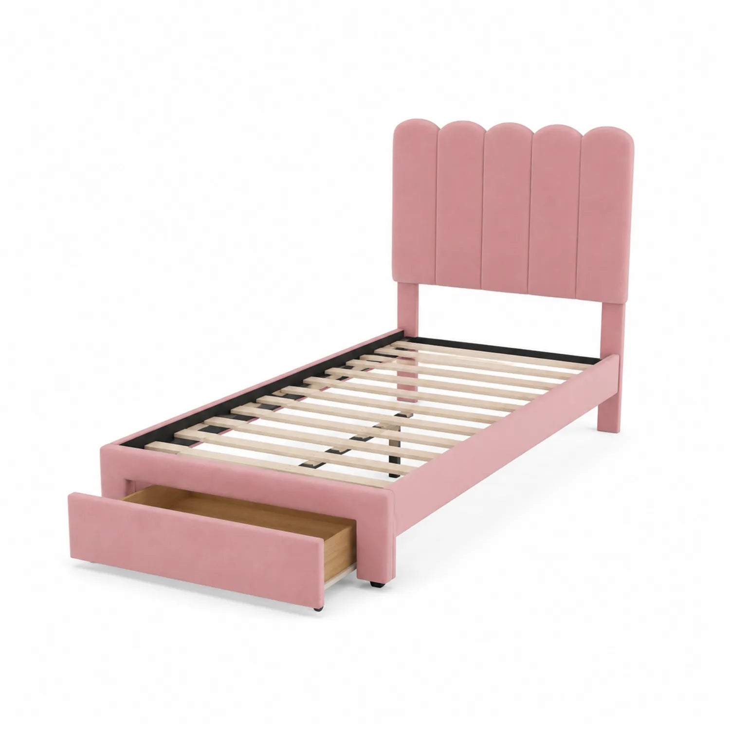 Rosa Samt-Einzelbett mit Schublade